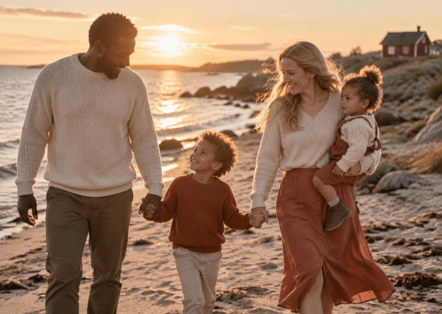 Family walking hand in hand along the shore at golden hour