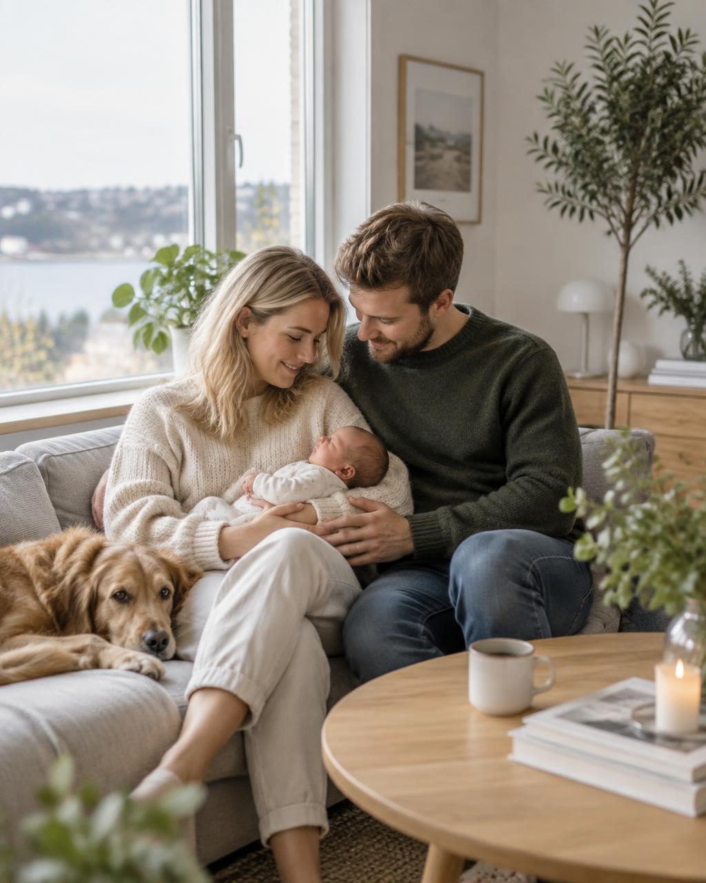 Parents with their newborn on the sofa at home by a bright window