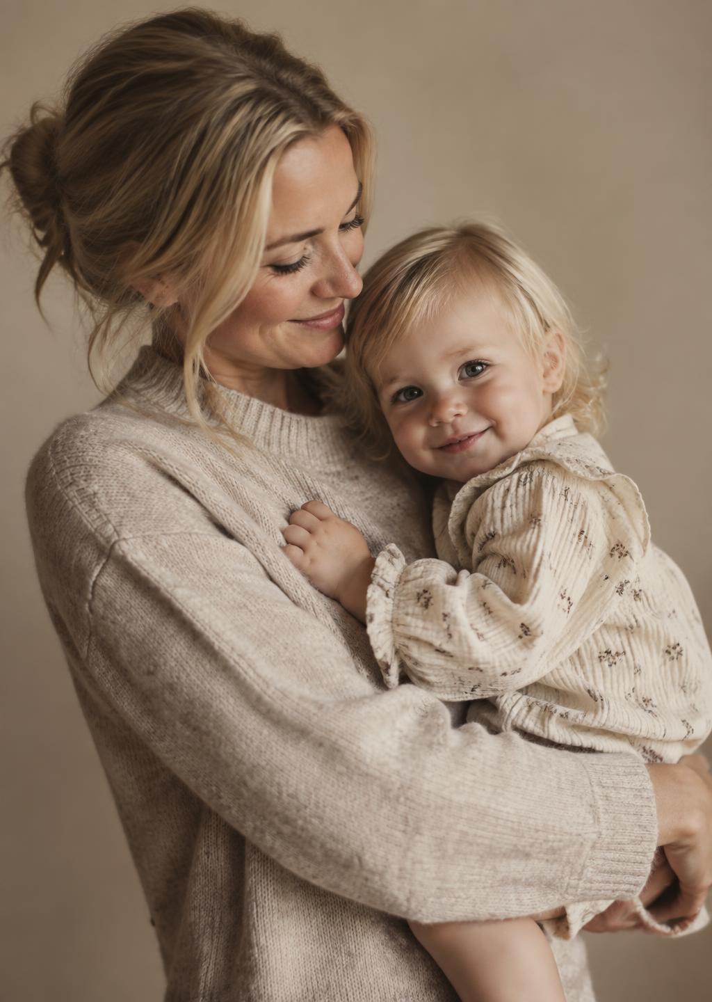 Mother holding her toddler against a warm studio backdrop