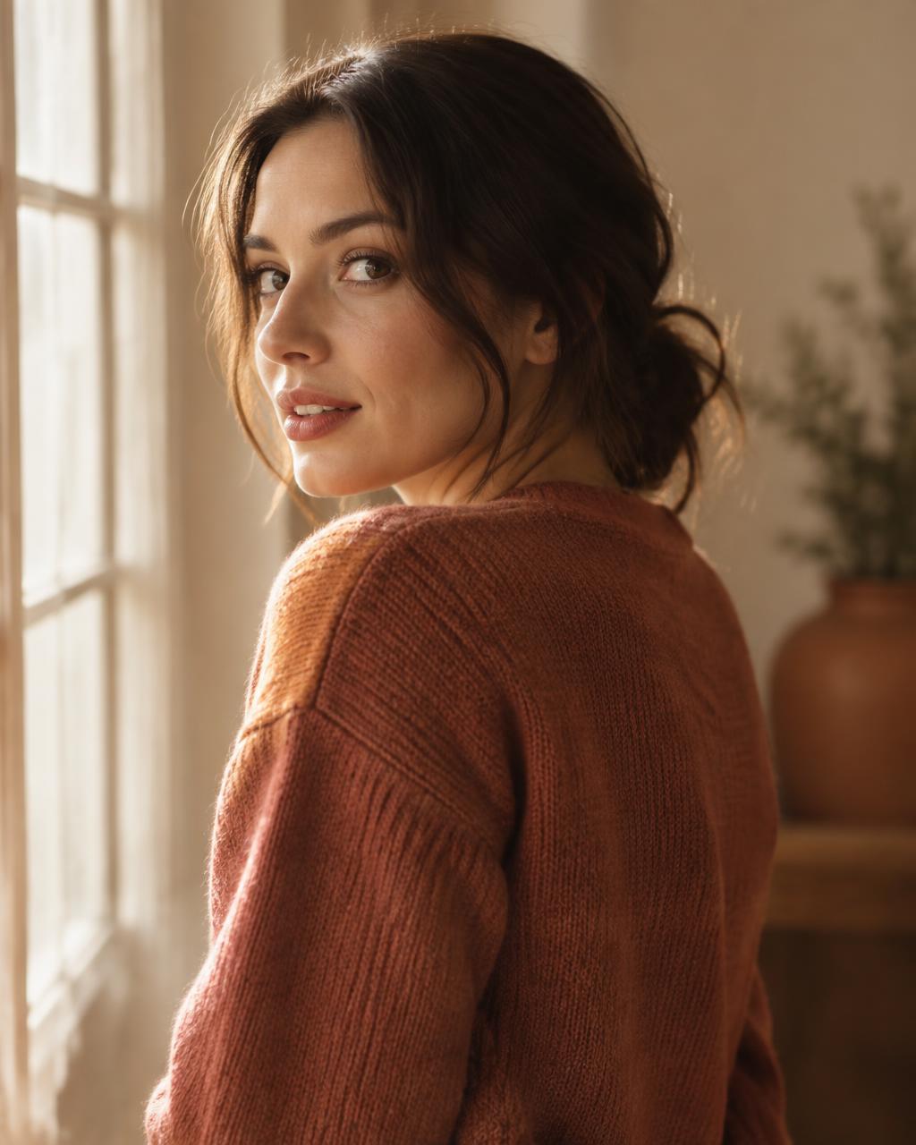 Woman in a knit sweater turning toward the camera in soft window light